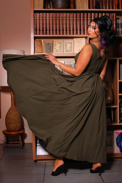 Tara Maxi Dress in Olive Crepe - pinupgirlclothing.com