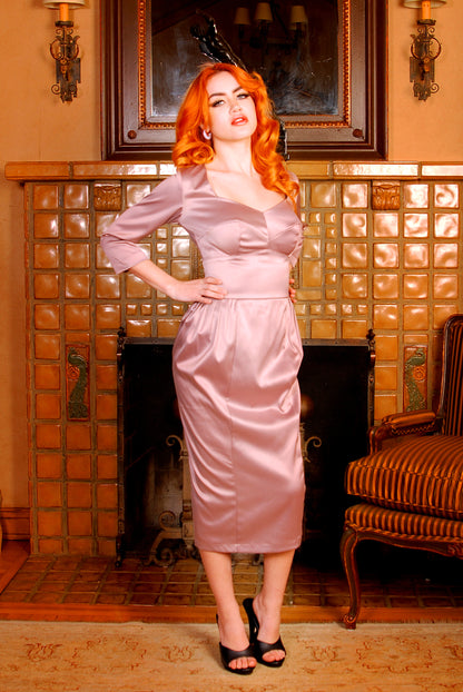 Mona Vintage Vamp Wiggle Dress in Mauve Satin | Pinup Couture