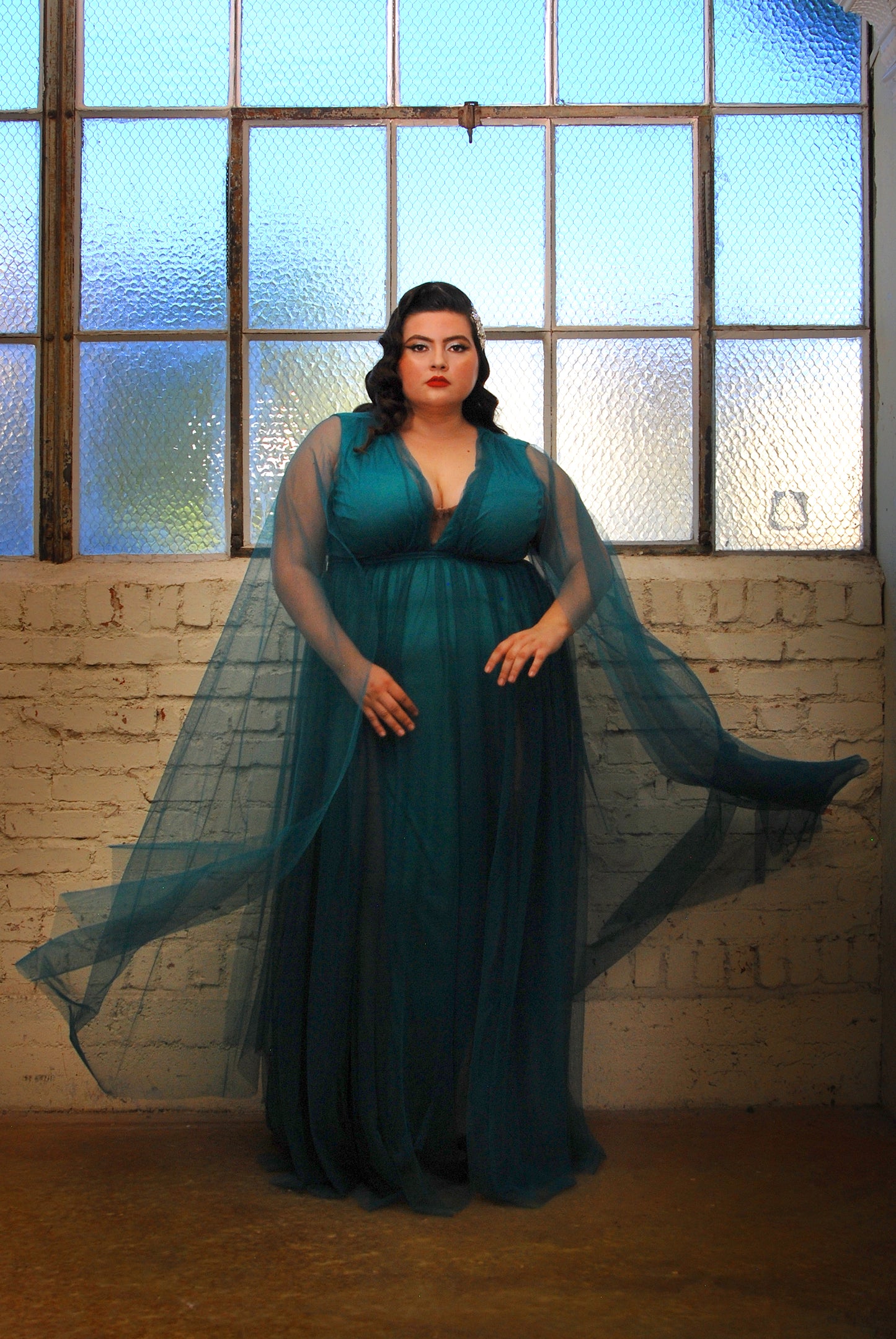 Gothic Glamour - Bombshell Plunge Maxi Gown in Peacock Green with Sheer Mesh Sleeves