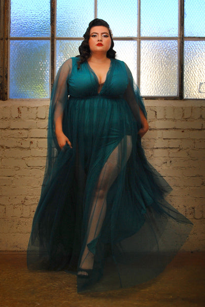 Gothic Glamour - Bombshell Plunge Maxi Gown in Peacock Green with Sheer Mesh Sleeves