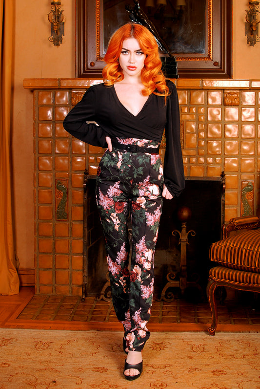 LB Long Trousers in Dark Bella Roses Gabardine | Laura Byrnes Design