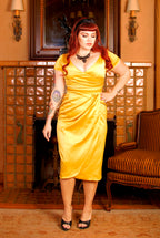 Ava Faux Wrap Wiggle Dress in Golden Mustard Satin | Pinup Couture