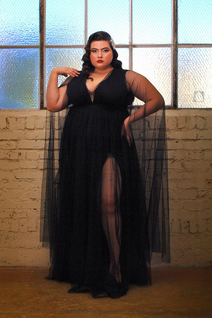 Coming Soon - Gothic Glamour Bombshell Gown in Black with Floor Length Sheer Cape Sleeves - pinupgirlclothing.com