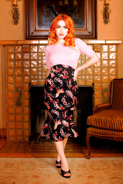 Final Sale - Yvonne Ruffle Fishtail Wiggle Skirt in Tie Me Up Fetish Print | Laura Byrnes & Hope Morrison