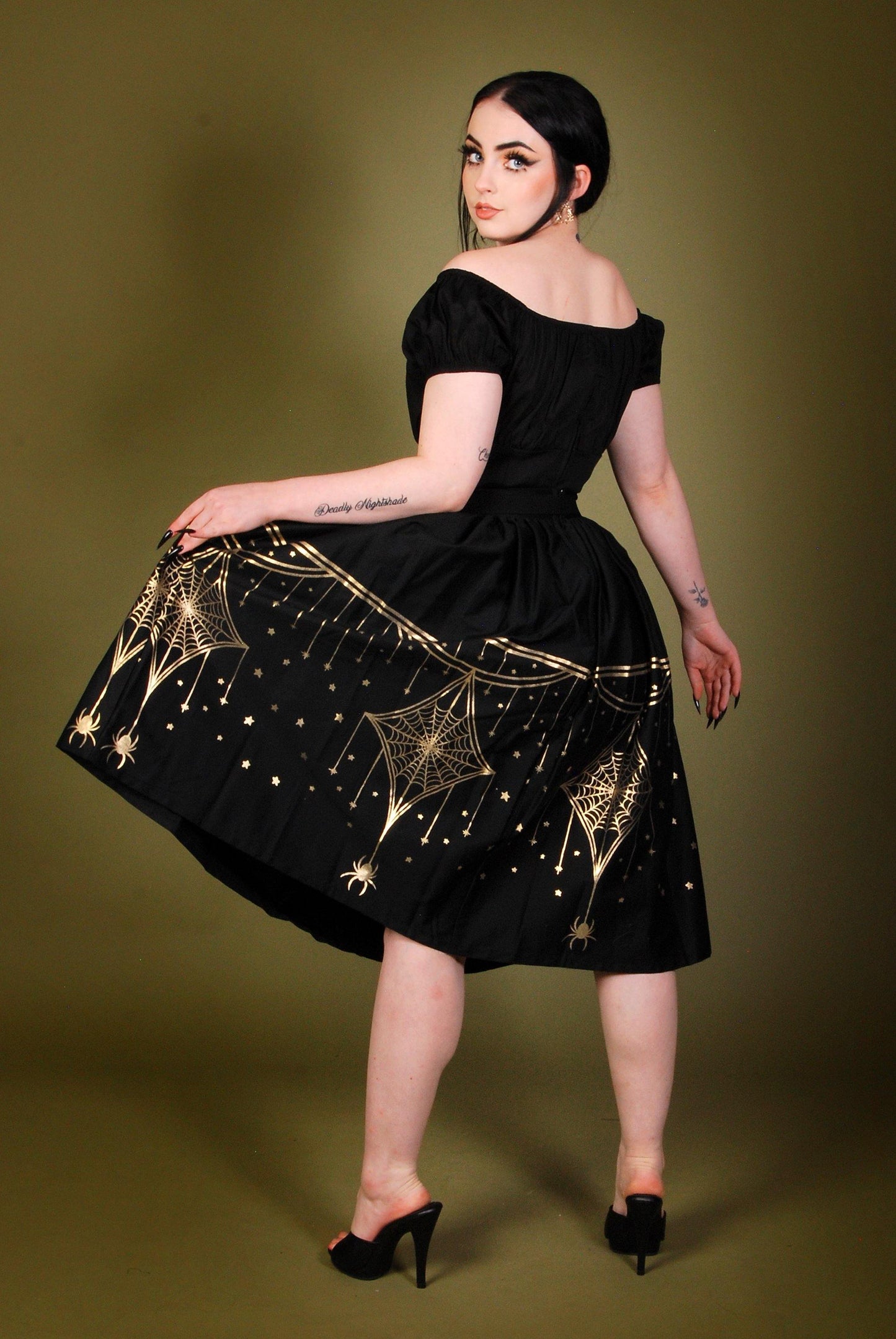 Bella Gathered Swing Skirt In Black & Gold Deco Spiderweb Border Print | Laura Byrnes & Hope Morrison - pinupgirlclothing.com