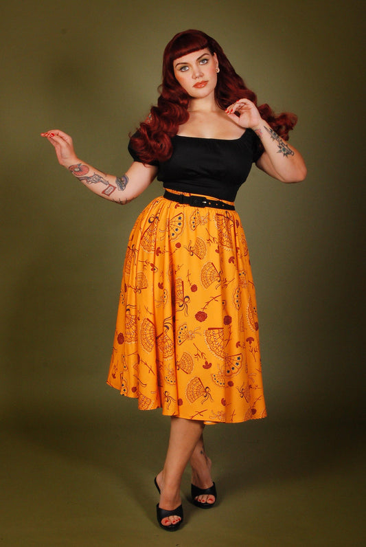 Donna Vintage Circle Skirt in Mustard Spanish Fans Crepe | Laura Byrnes & Hope Morrison - pinupgirlclothing.com