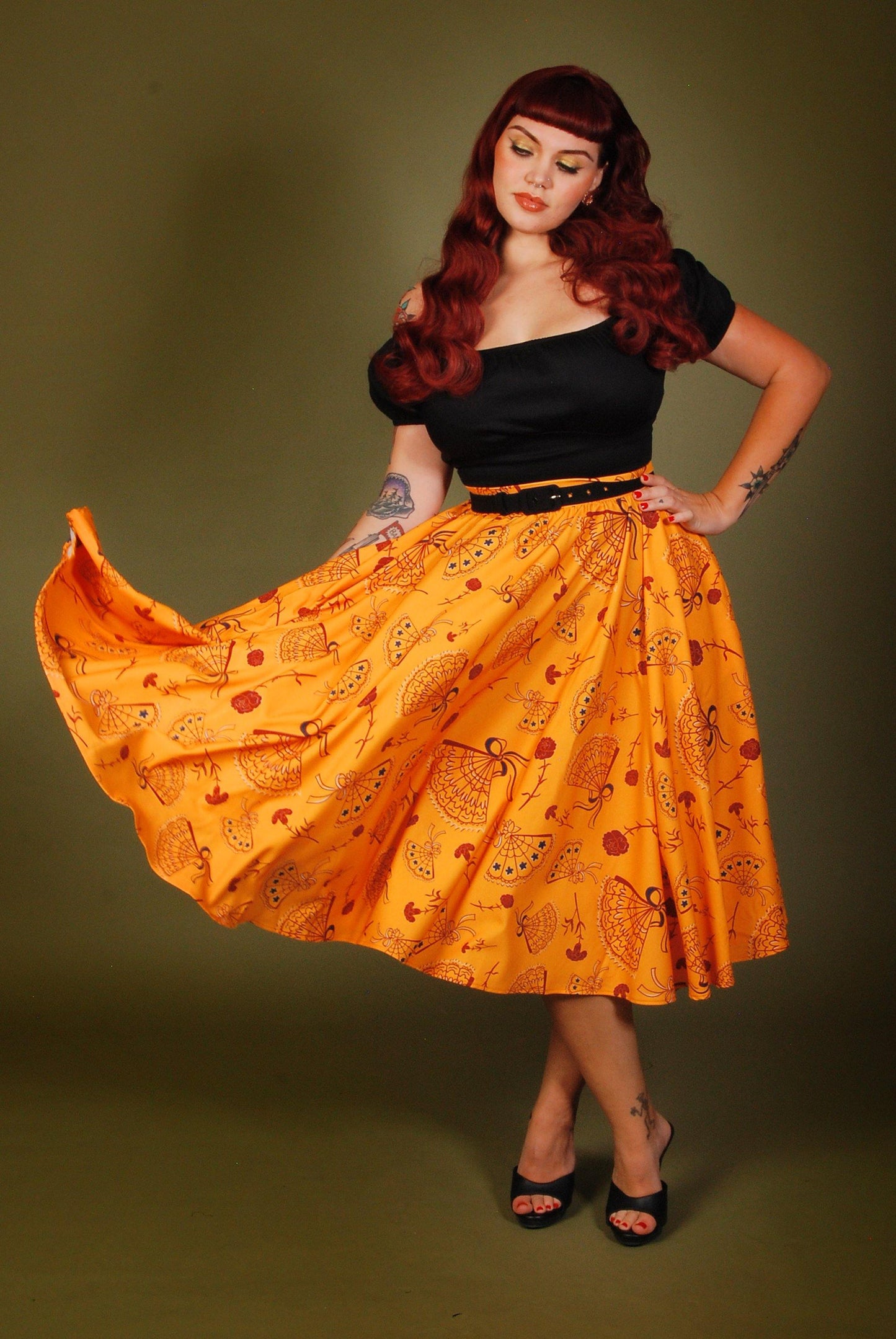 Donna Vintage Circle Skirt in Mustard Spanish Fans Crepe | Laura Byrnes & Hope Morrison - pinupgirlclothing.com