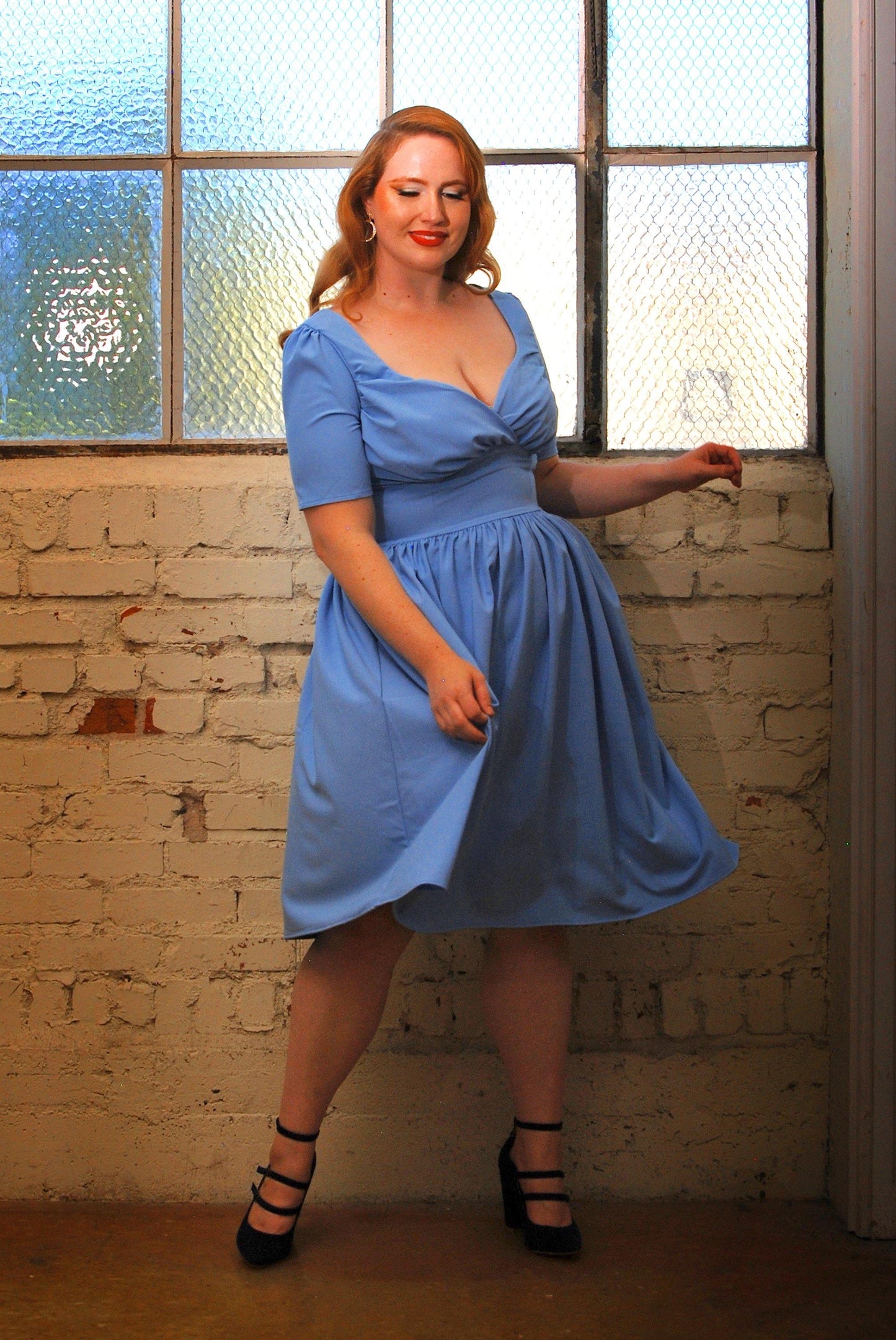 Paige Swing Dress in Chambray Poly Crepe | Pinup Couture - pinupgirlclothing.com