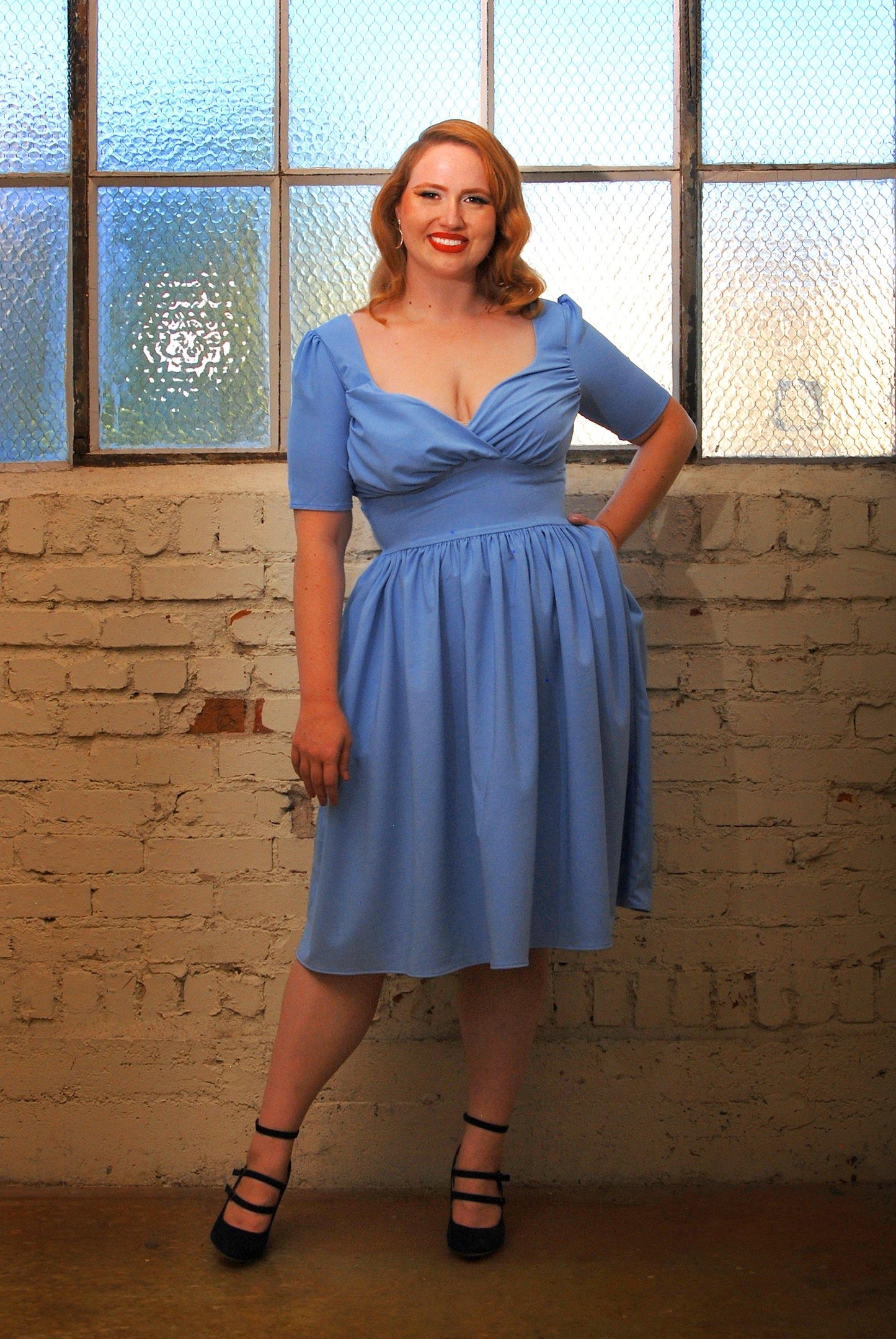Paige Swing Dress in Chambray Poly Crepe | Pinup Couture - pinupgirlclothing.com