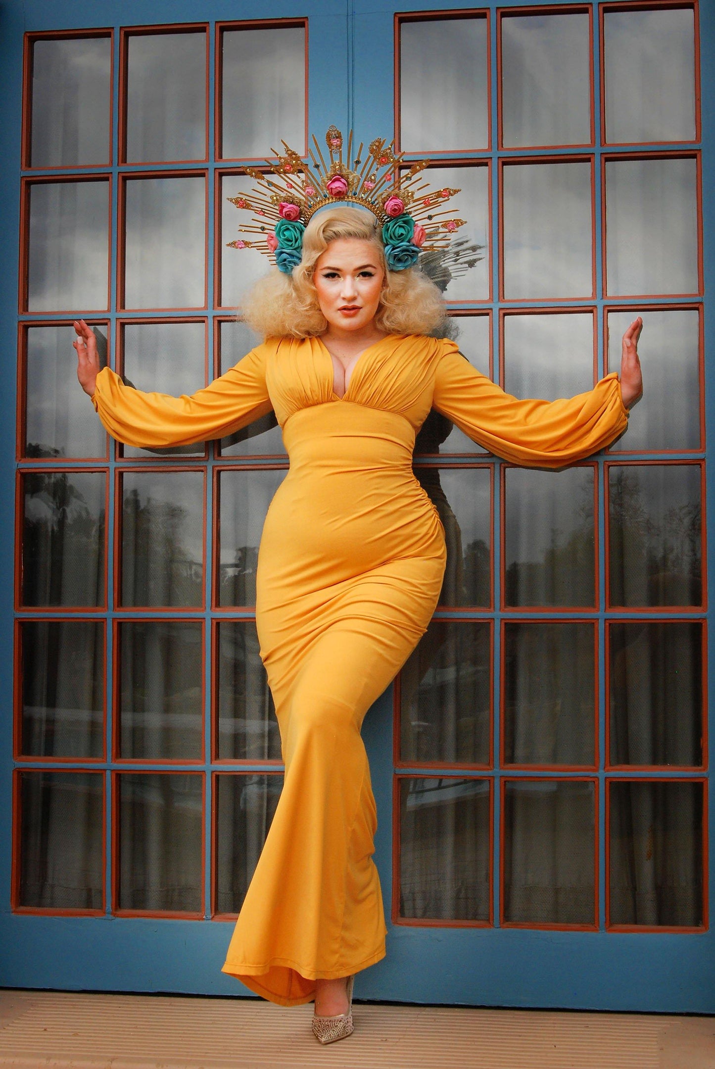 Gia Art Deco Gown in Mustard with Bishop Sleeves | Laura Byrnes - pinupgirlclothing.com