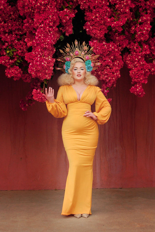 Gia Art Deco Gown in Mustard with Bishop Sleeves | Laura Byrnes - pinupgirlclothing.com