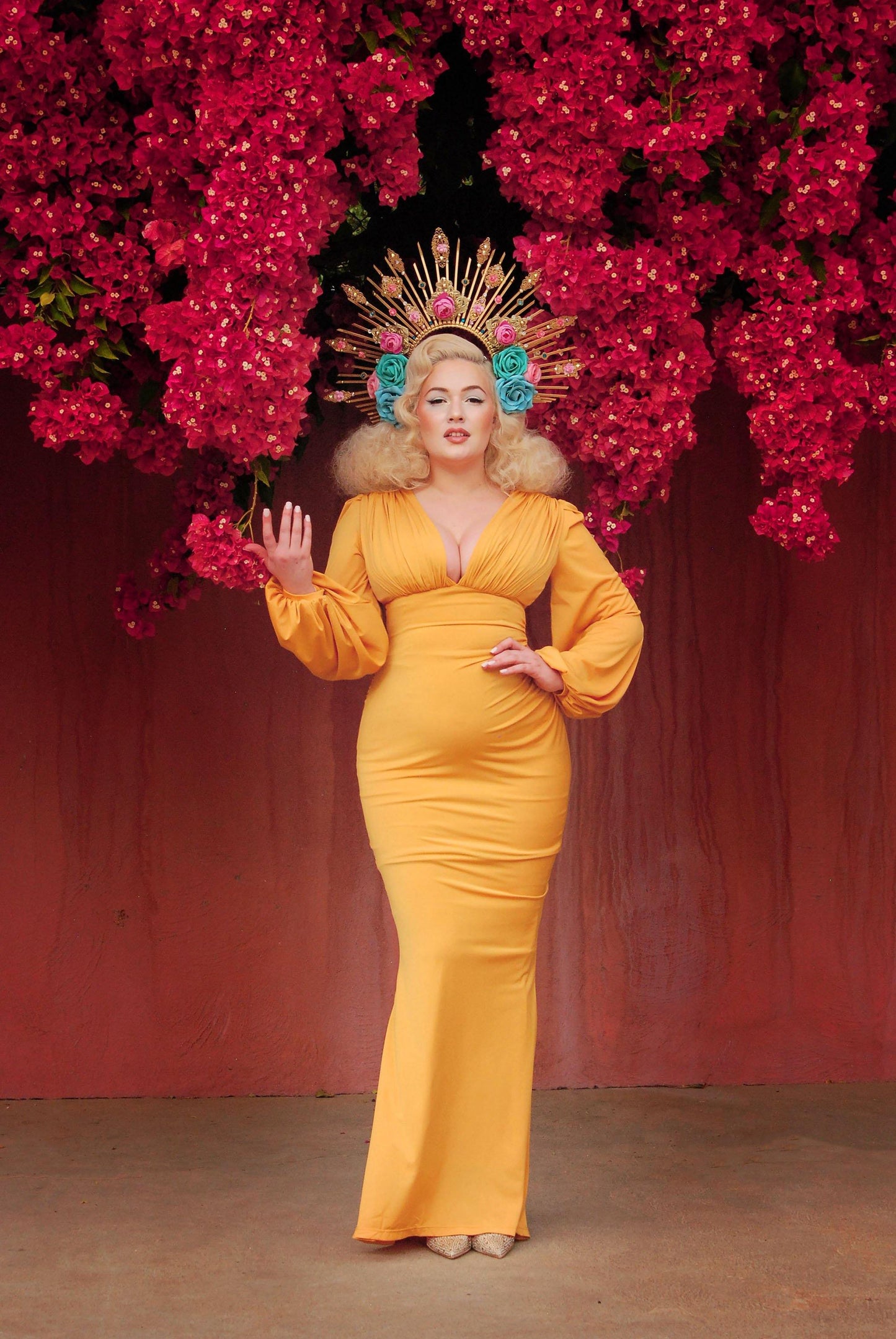 Gia Art Deco Gown in Mustard with Bishop Sleeves | Laura Byrnes - pinupgirlclothing.com