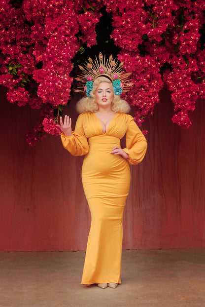 Gia Art Deco Gown in Mustard with Bishop Sleeves | Laura Byrnes - pinupgirlclothing.com