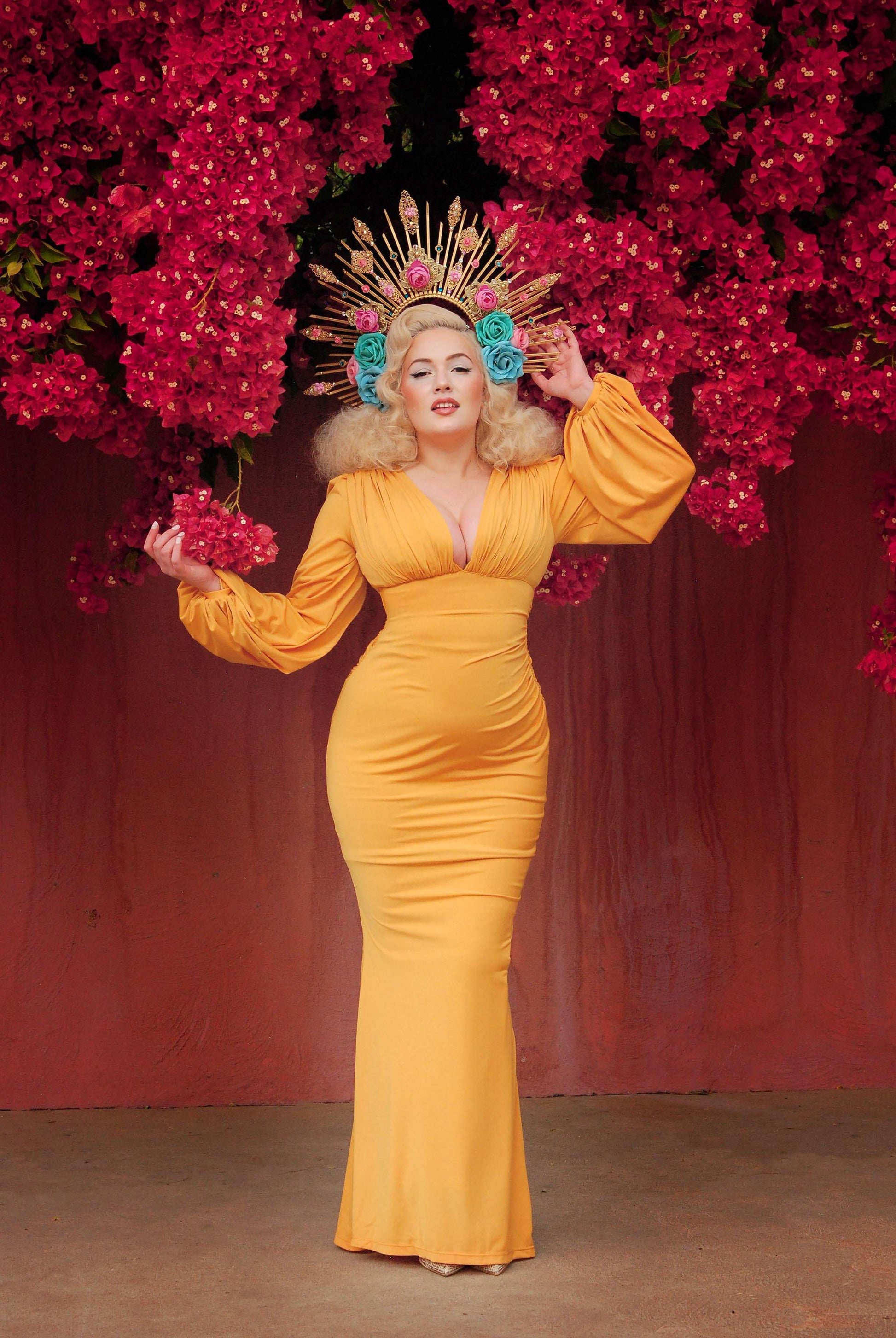 Gia Art Deco Gown in Mustard with Bishop Sleeves | Laura Byrnes - pinupgirlclothing.com