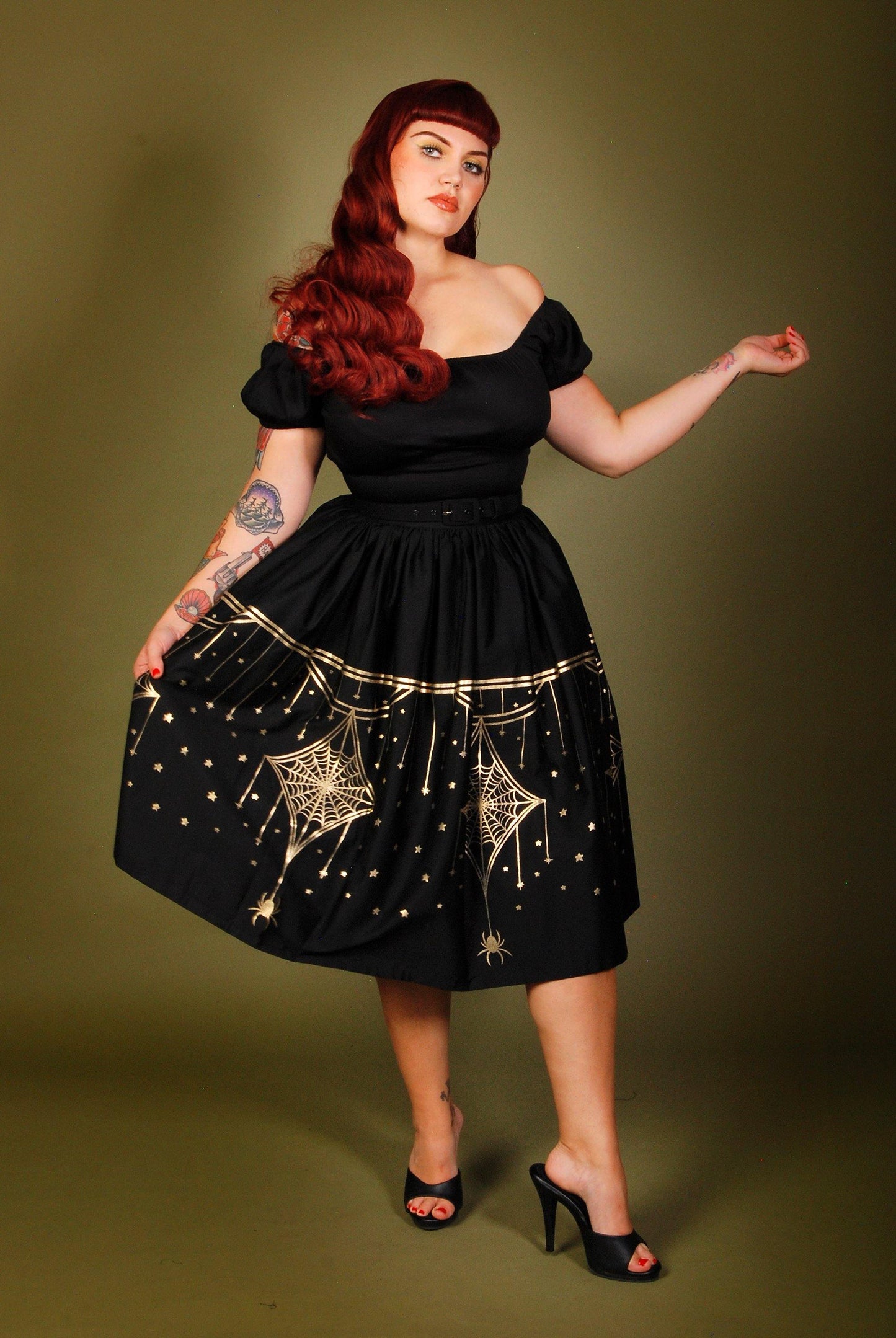 Bella Gathered Swing Skirt In Black & Gold Deco Spiderweb Border Print | Laura Byrnes & Hope Morrison - pinupgirlclothing.com