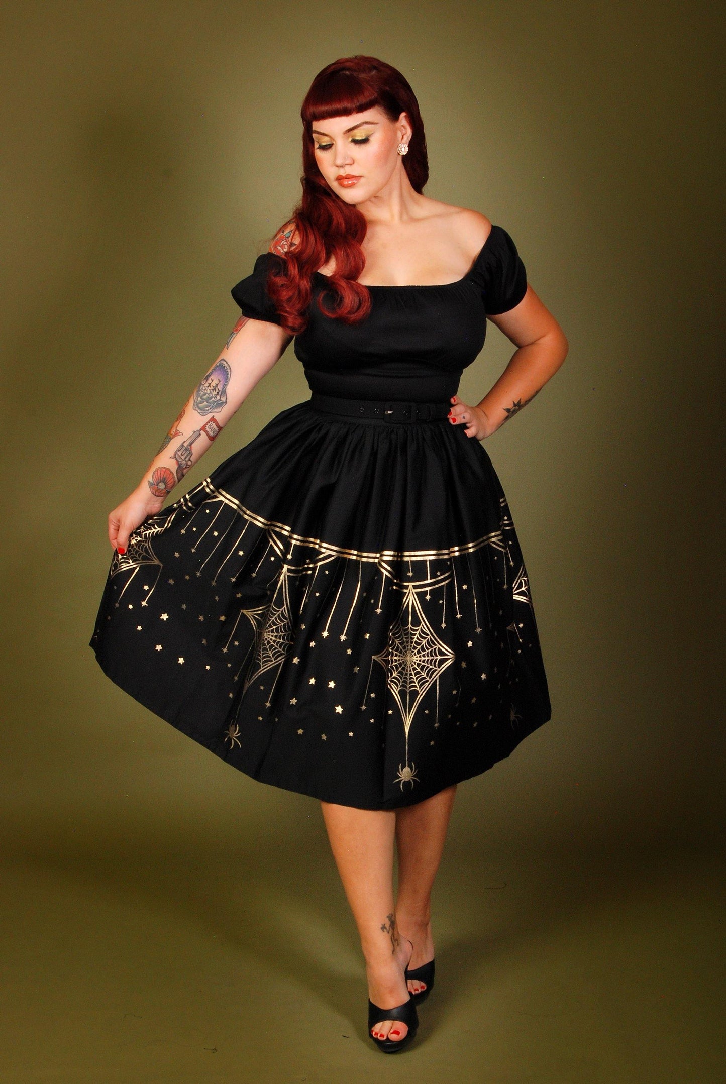 Bella Gathered Swing Skirt In Black & Gold Deco Spiderweb Border Print | Laura Byrnes & Hope Morrison - pinupgirlclothing.com