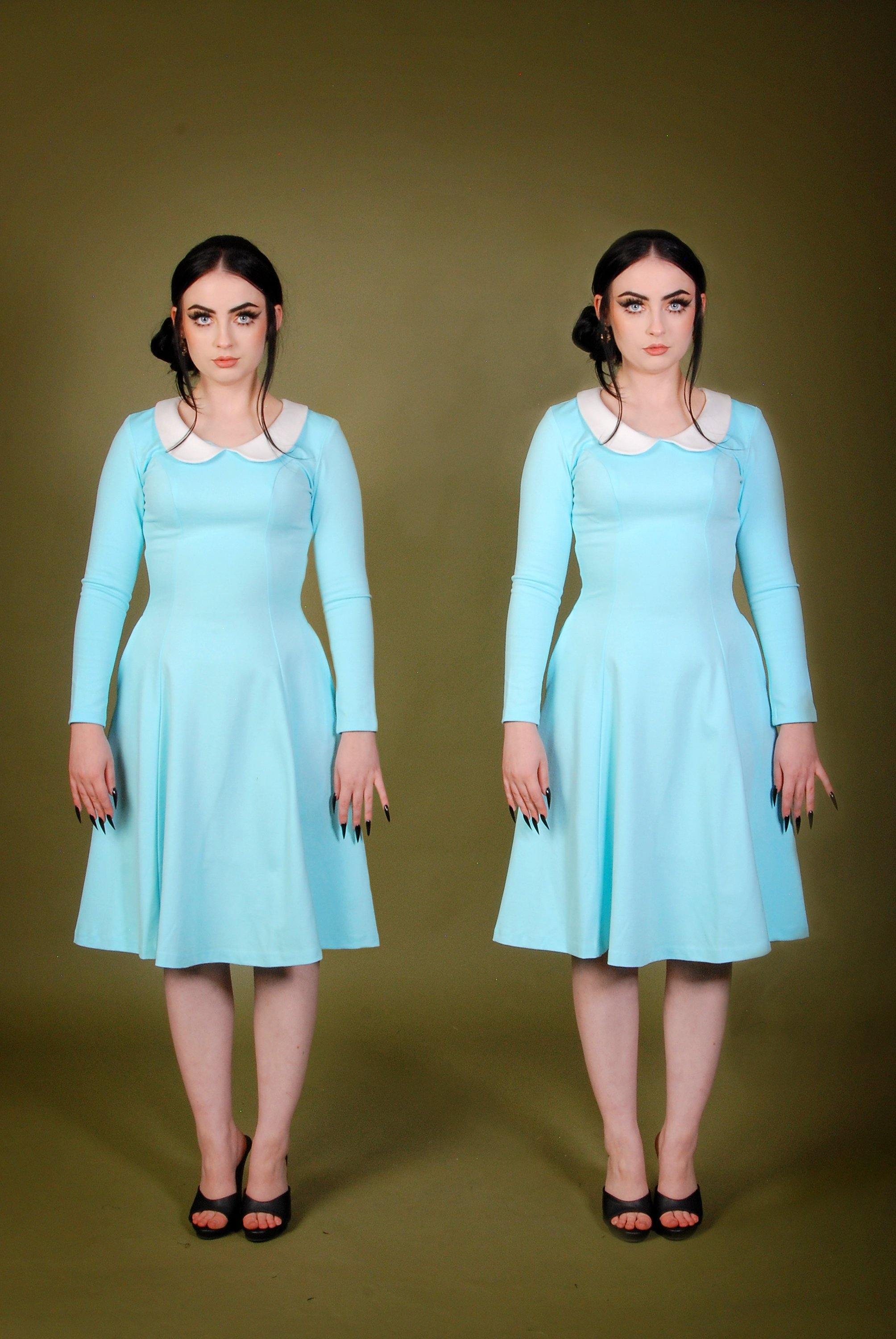OYS - XS - S - 2X - Final Sale - Madison Long Sleeve Dress in Blue Ponte  with Ivory Contrast Collar | Pinup Couture