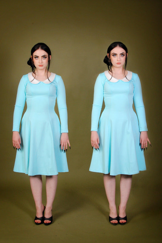 Madison Long Sleeve Dress in Blue Ponte with Ivory Contrast Collar | Pinup Couture - pinupgirlclothing.com