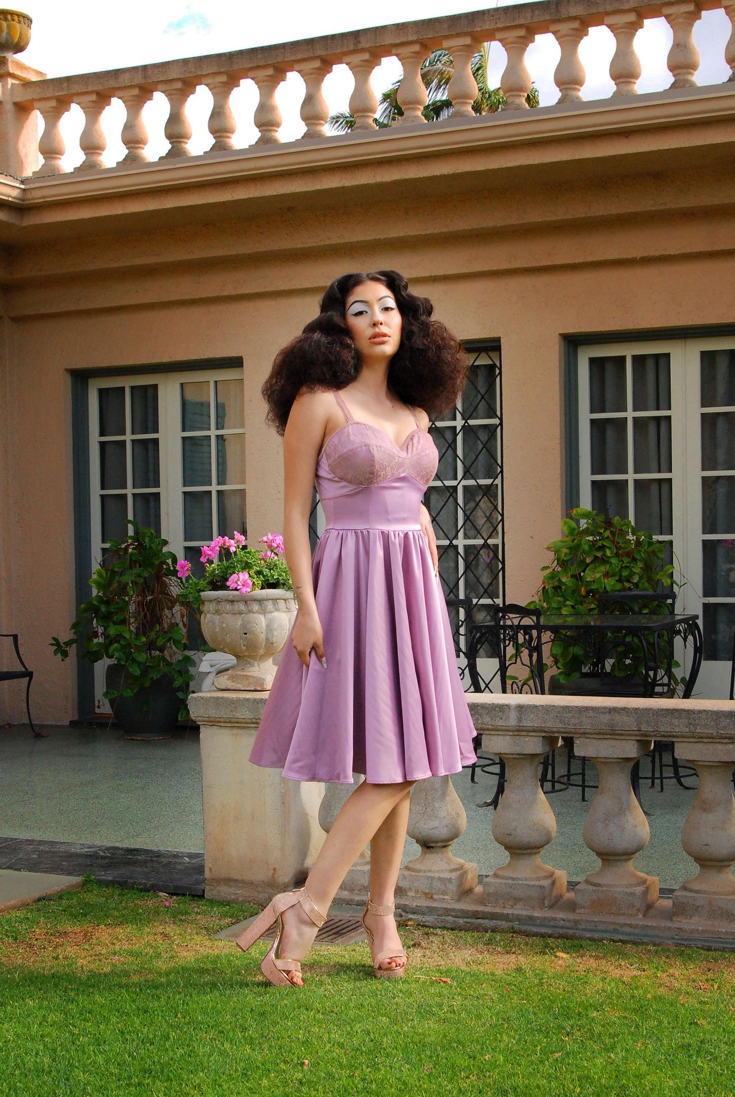 Courtney Vintage Swing Dress in Orchid Satin | Pinup Couture - pinupgirlclothing.com