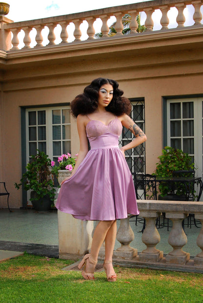 Courtney Vintage Swing Dress in Orchid Satin | Pinup Couture - pinupgirlclothing.com