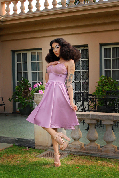 Courtney Vintage Swing Dress in Orchid Satin | Pinup Couture - pinupgirlclothing.com