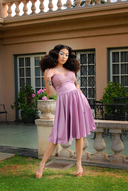 Courtney Vintage Swing Dress in Orchid Satin | Pinup Couture - pinupgirlclothing.com