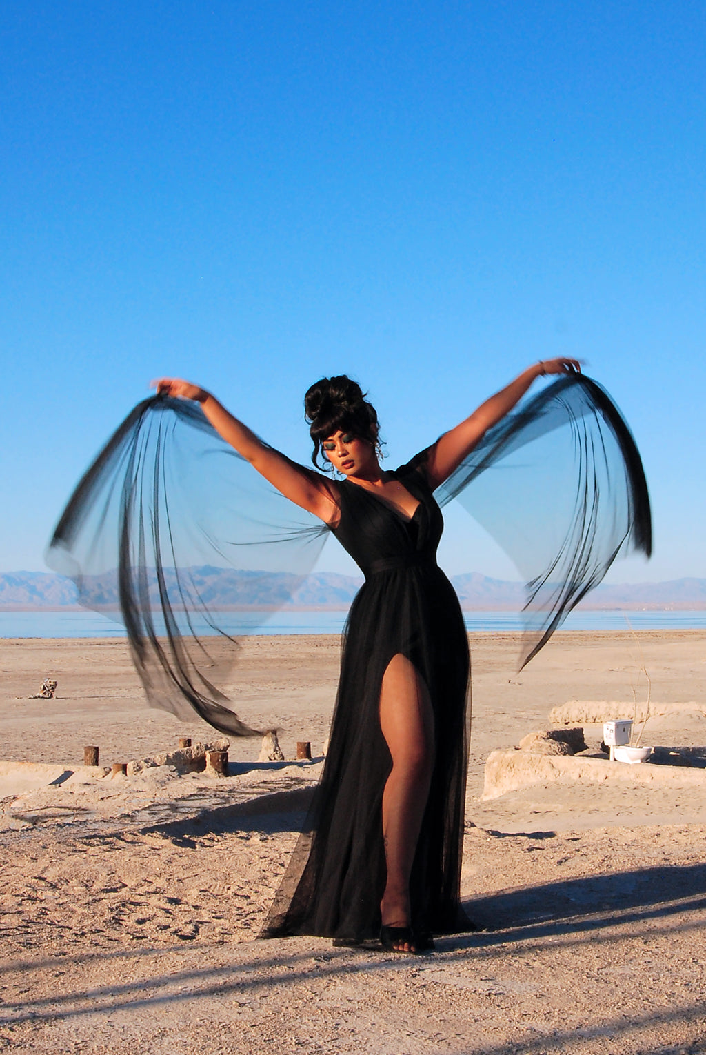 Gothic Glamour Bombshell Gown in Black with Floor Length Sheer Cape Sleeves | Pre-Order Ships September