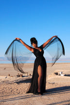 Gothic Glamour Bombshell Gown in Black with Floor Length Sheer Cape Sleeves | Pre-Order Ships September