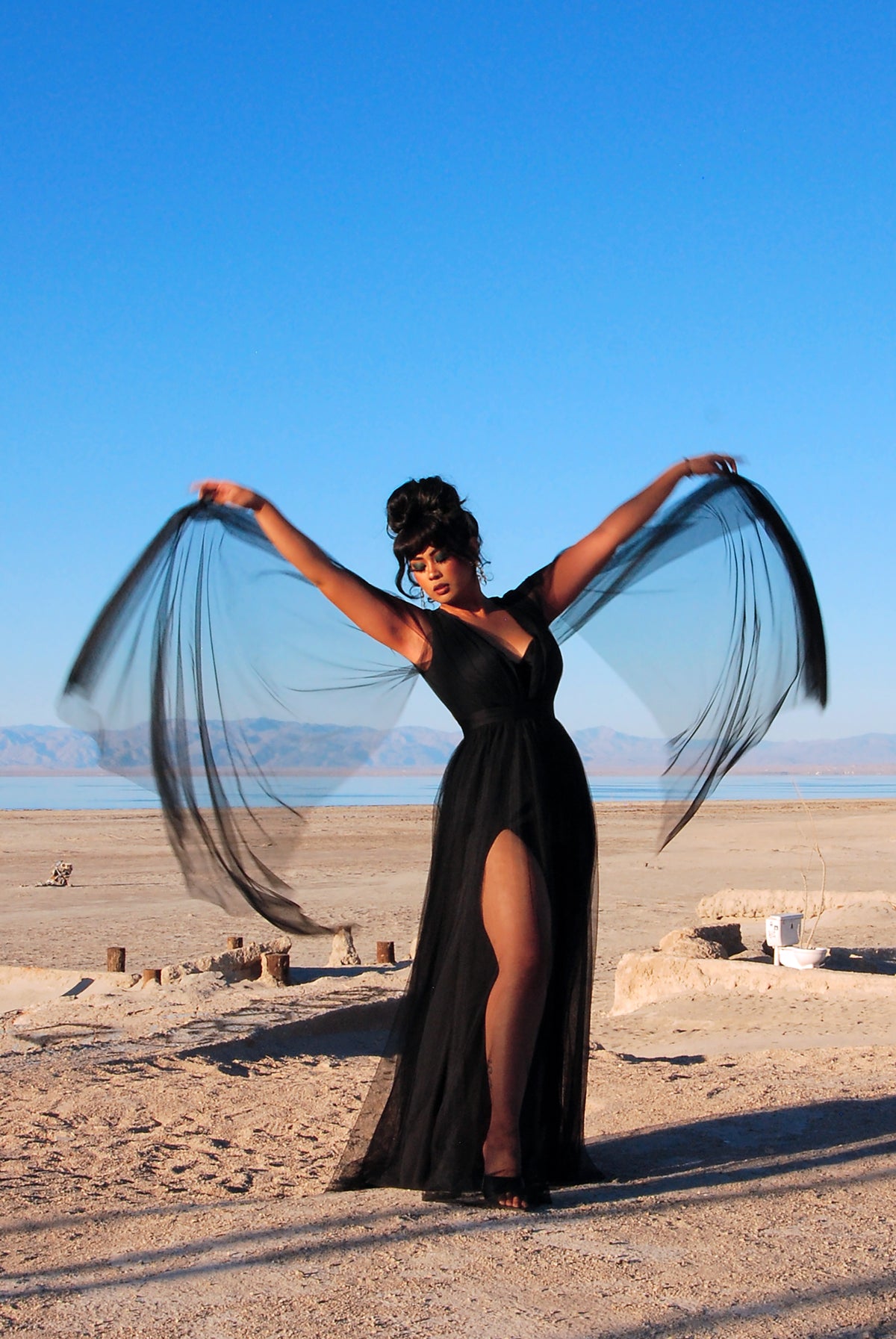 Gothic Glamour Bombshell Gown in Black with Floor Length Sheer Cape Sleeves | Pre-Order Ships September