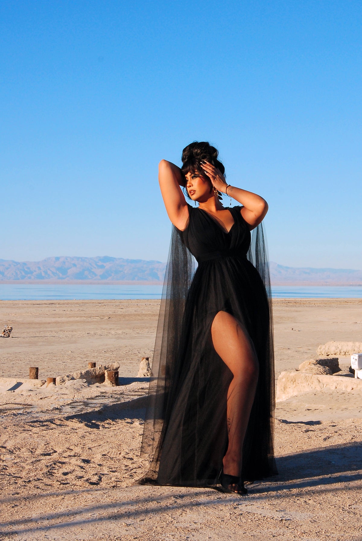 Gothic Glamour Bombshell Gown in Black with Floor Length Sheer Cape Sleeves | Pre-Order Ships September