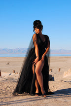 Gothic Glamour Bombshell Gown in Black with Floor Length Sheer Cape Sleeves | Pre-Order Ships September