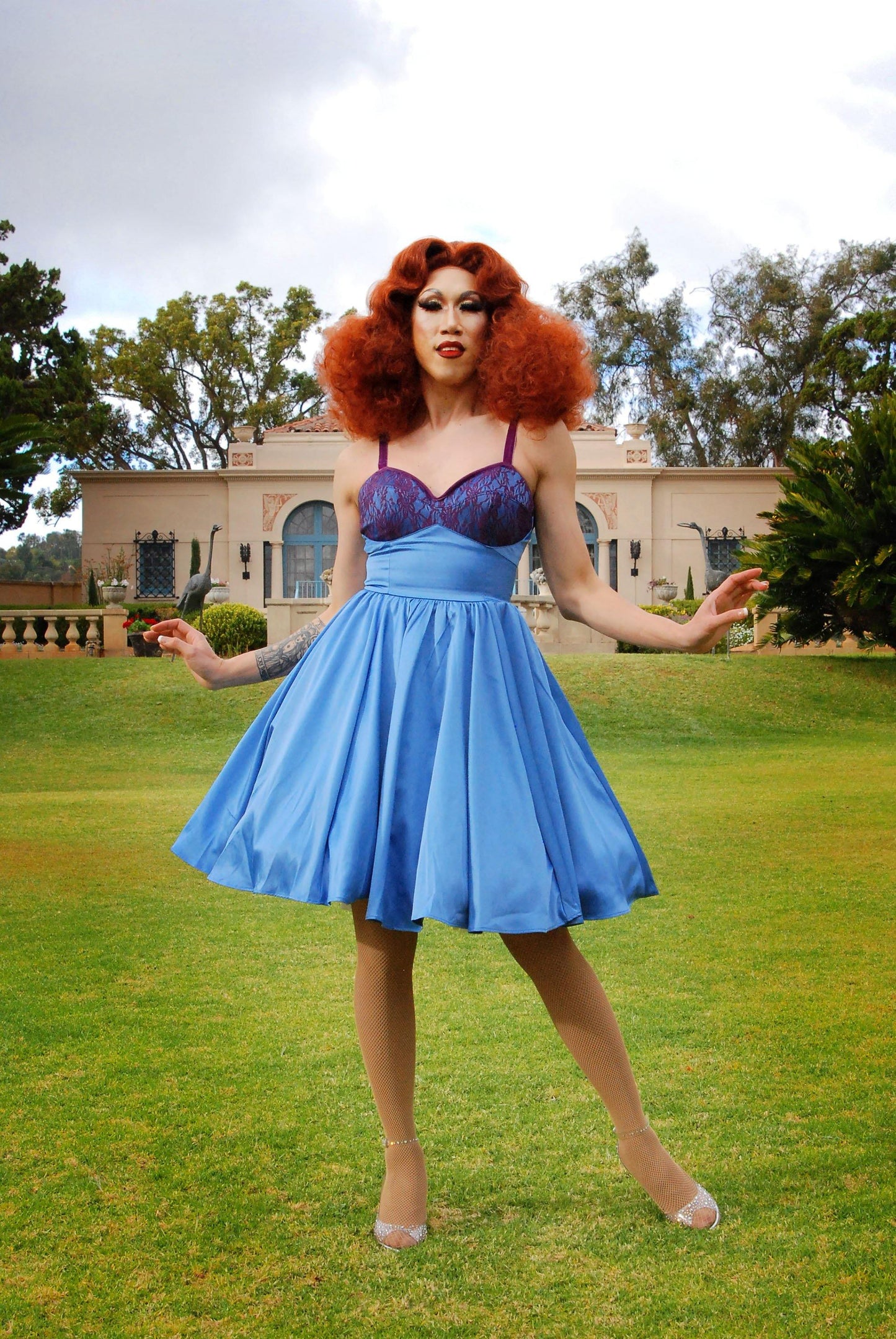 Courtney Vintage Swing Dress in Blue Satin | Pinup Couture - pinupgirlclothing.com
