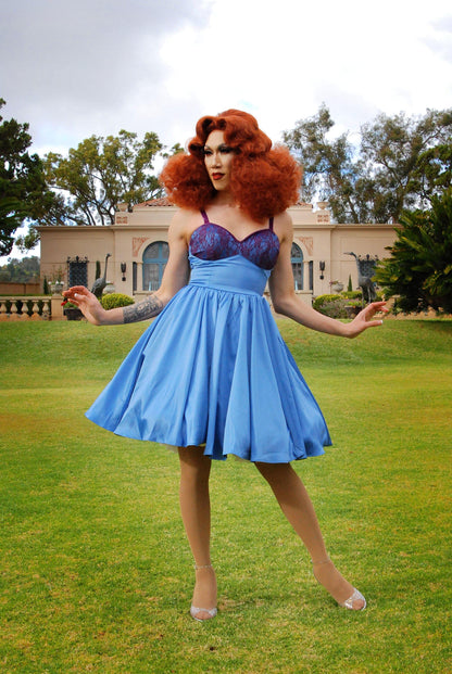 Courtney Vintage Swing Dress in Blue Satin | Pinup Couture - pinupgirlclothing.com