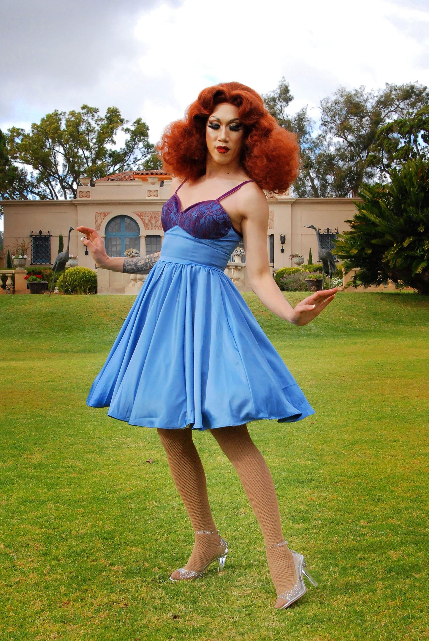 Courtney Vintage Swing Dress in Blue Satin | Pinup Couture - pinupgirlclothing.com