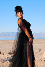 Gothic Glamour Bombshell Gown in Black with Floor Length Sheer Cape Sleeves | Pre-Order Ships September