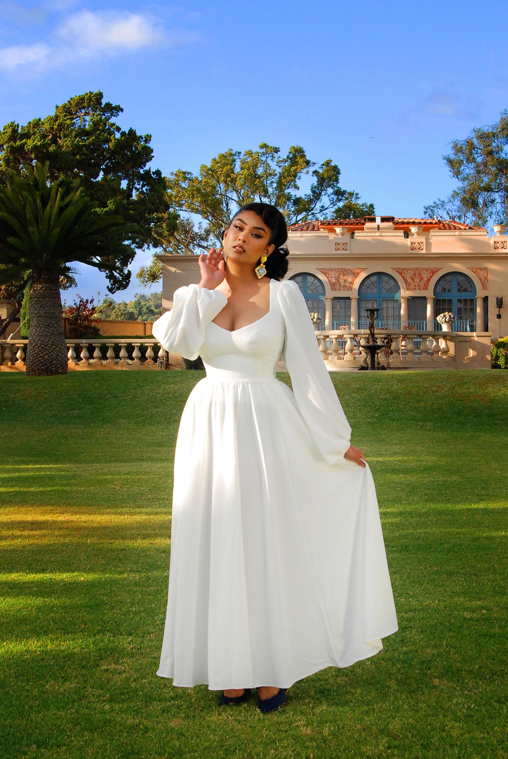 Sold Out - Lucrezia Renaissance Maxi Gown in Ivory Stretch Crepe | Laura Byrnes - pinupgirlclothing.com