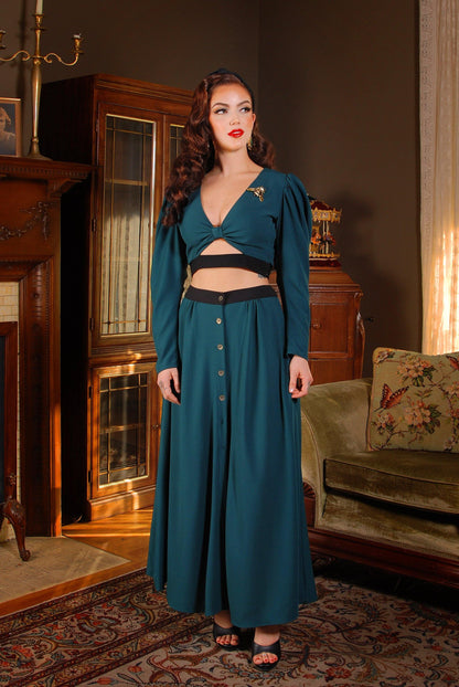 Luna 40s Crop Top in Spruce Green Stretch Crepe with Black Trim | Laura Byrnes Design - pinupgirlclothing.com