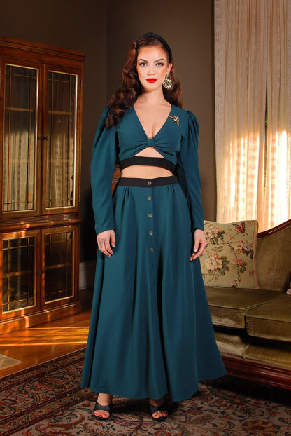 Luna 40s Crop Top in Spruce Green Stretch Crepe with Black Trim | Laura Byrnes Design - pinupgirlclothing.com