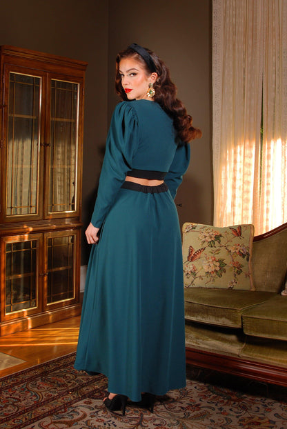 Luna 40s Crop Top in Spruce Green Stretch Crepe with Black Trim | Laura Byrnes Design - pinupgirlclothing.com