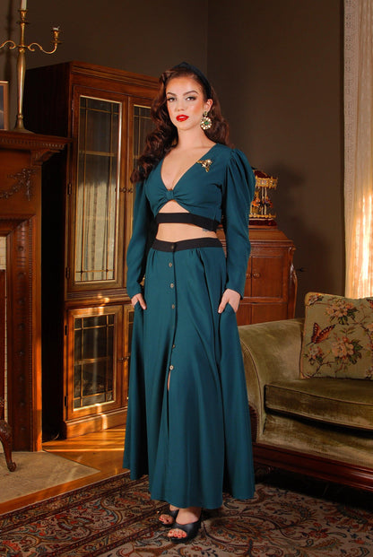 Luna 40s Crop Top in Spruce Green Stretch Crepe with Black Trim | Laura Byrnes Design - pinupgirlclothing.com