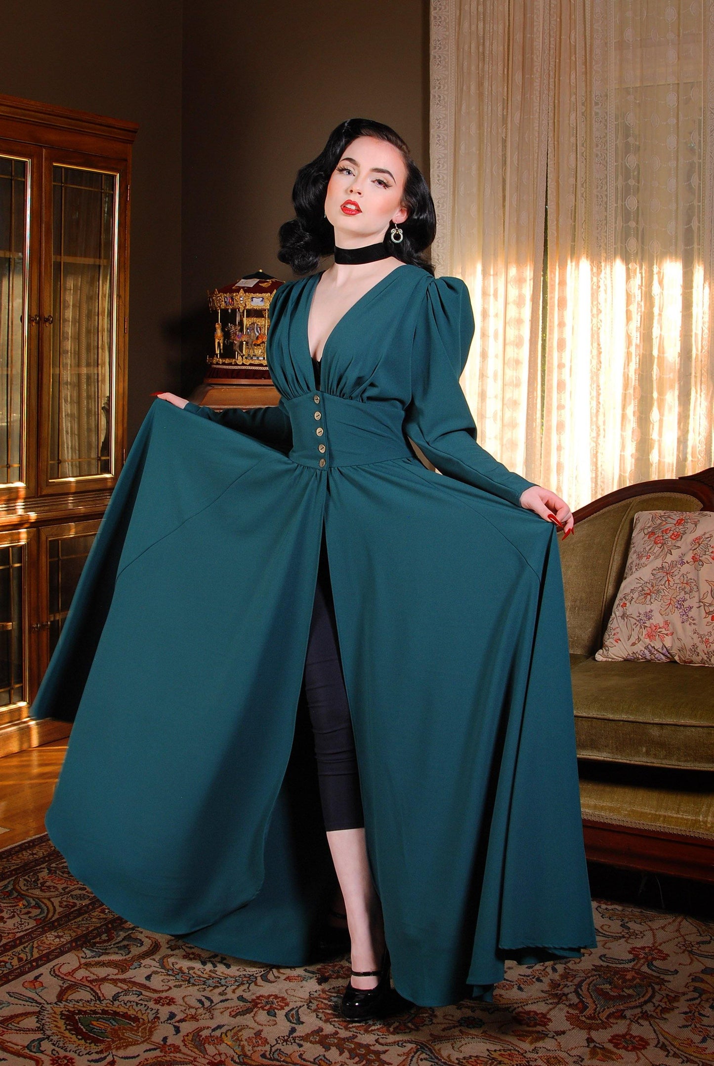 Sold Out - Clarice Coat Dress in Spruce Green Poly Crepe | Laura Byrnes Design - pinupgirlclothing.com