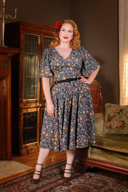 Viva Top Vintage 40's Inspired Flutter Sleeve Blouse in Night in Eden Fruit Crepe | Laura Byrnes & Hope Johnstun - pinupgirlclothing.com