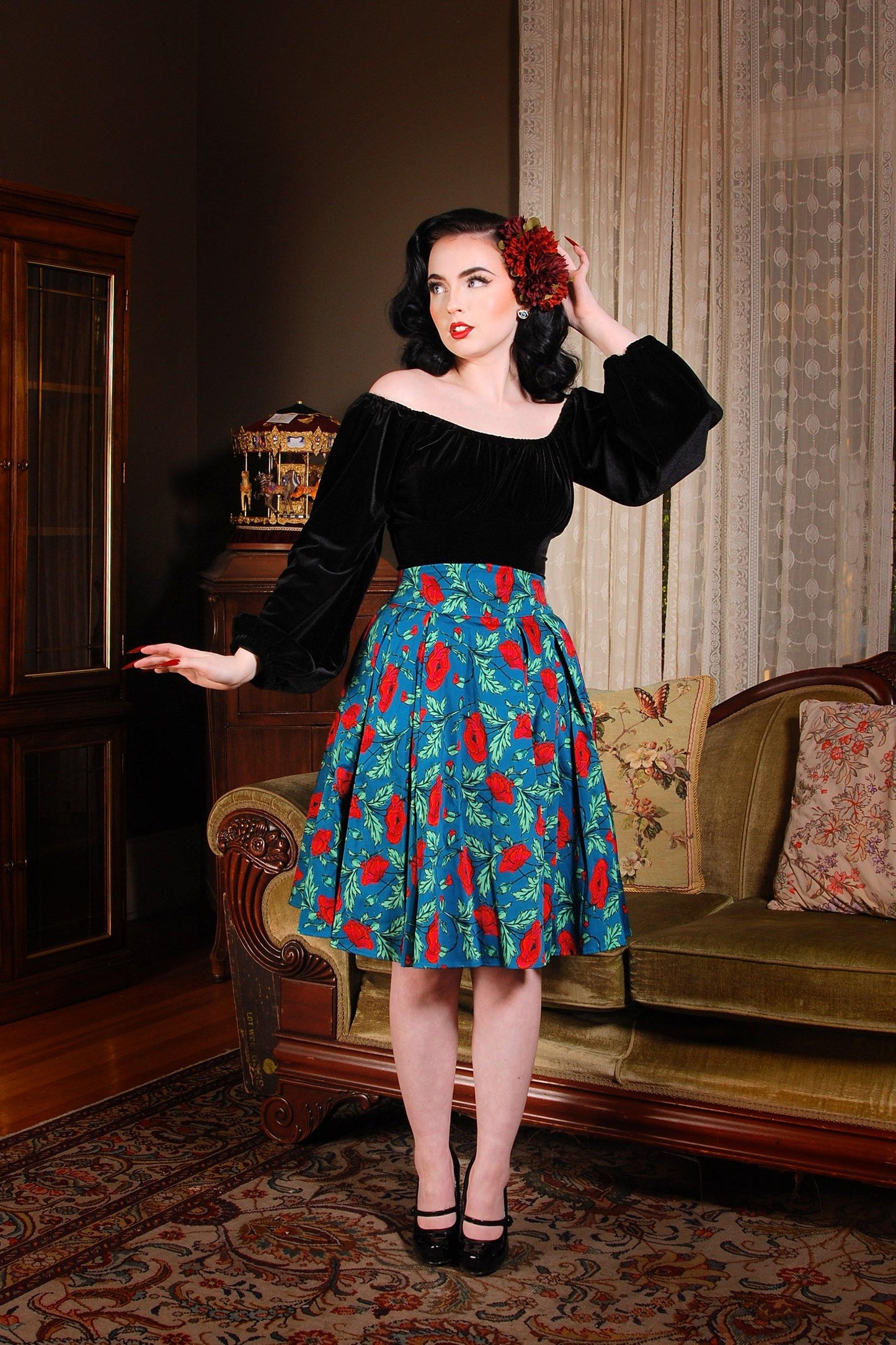 Swann Long Sleeve Peasant Top in Black Stretch Velvet | Pinup Couture - pinupgirlclothing.com