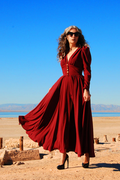 Final Sale - Clarice 40s Vintage Maxi Coat Dress in Solid Cabernet Stretch Crepe | Laura Byrnes