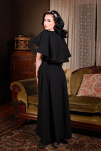 Ashley 70s Faux Wrap Maxi Dress with Cape Sleeves in Black Poly Crepe | Laura Byrnes - pinupgirlclothing.com