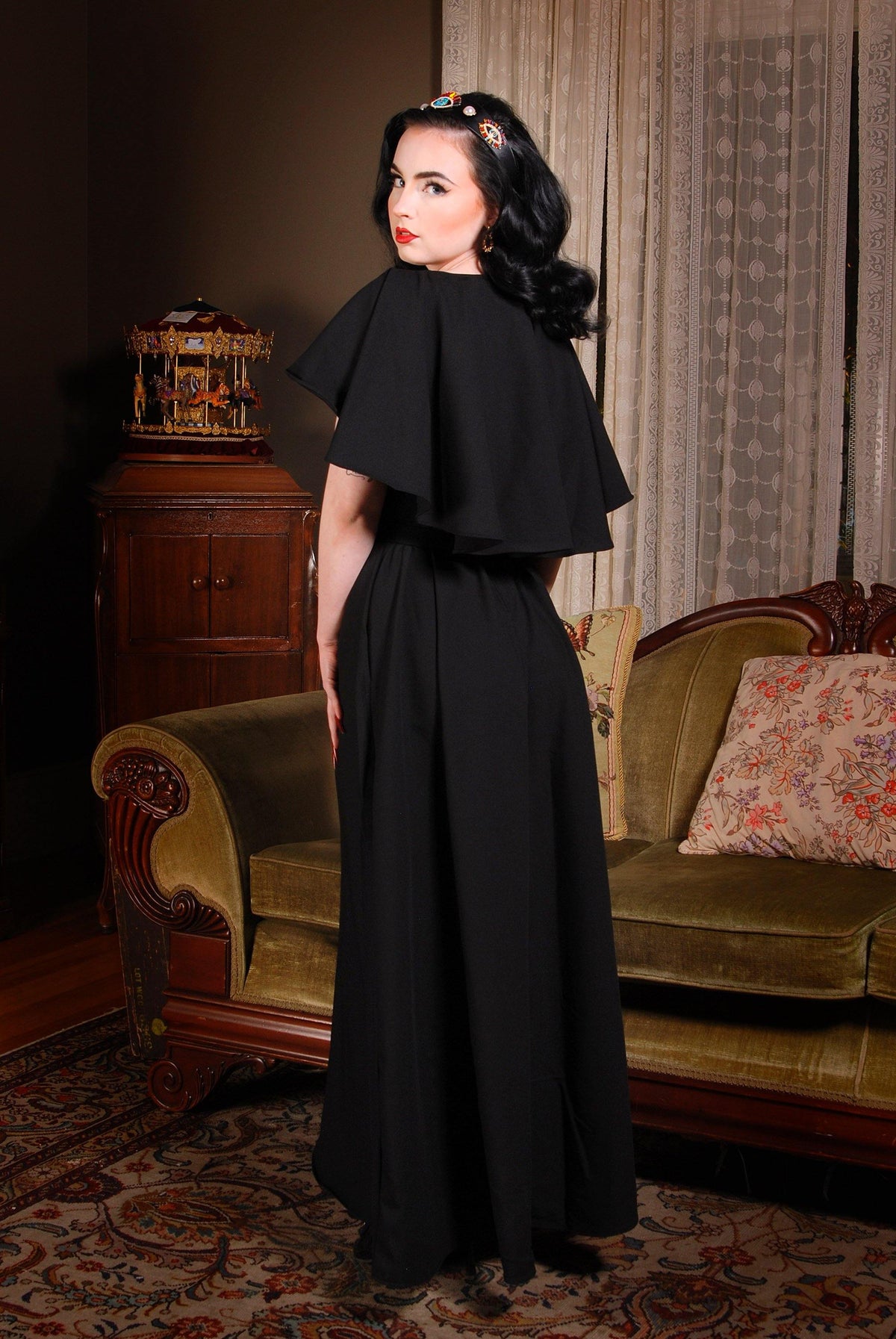 Ashley 70s Faux Wrap Maxi Dress with Cape Sleeves in Black Poly Crepe | Laura Byrnes - pinupgirlclothing.com