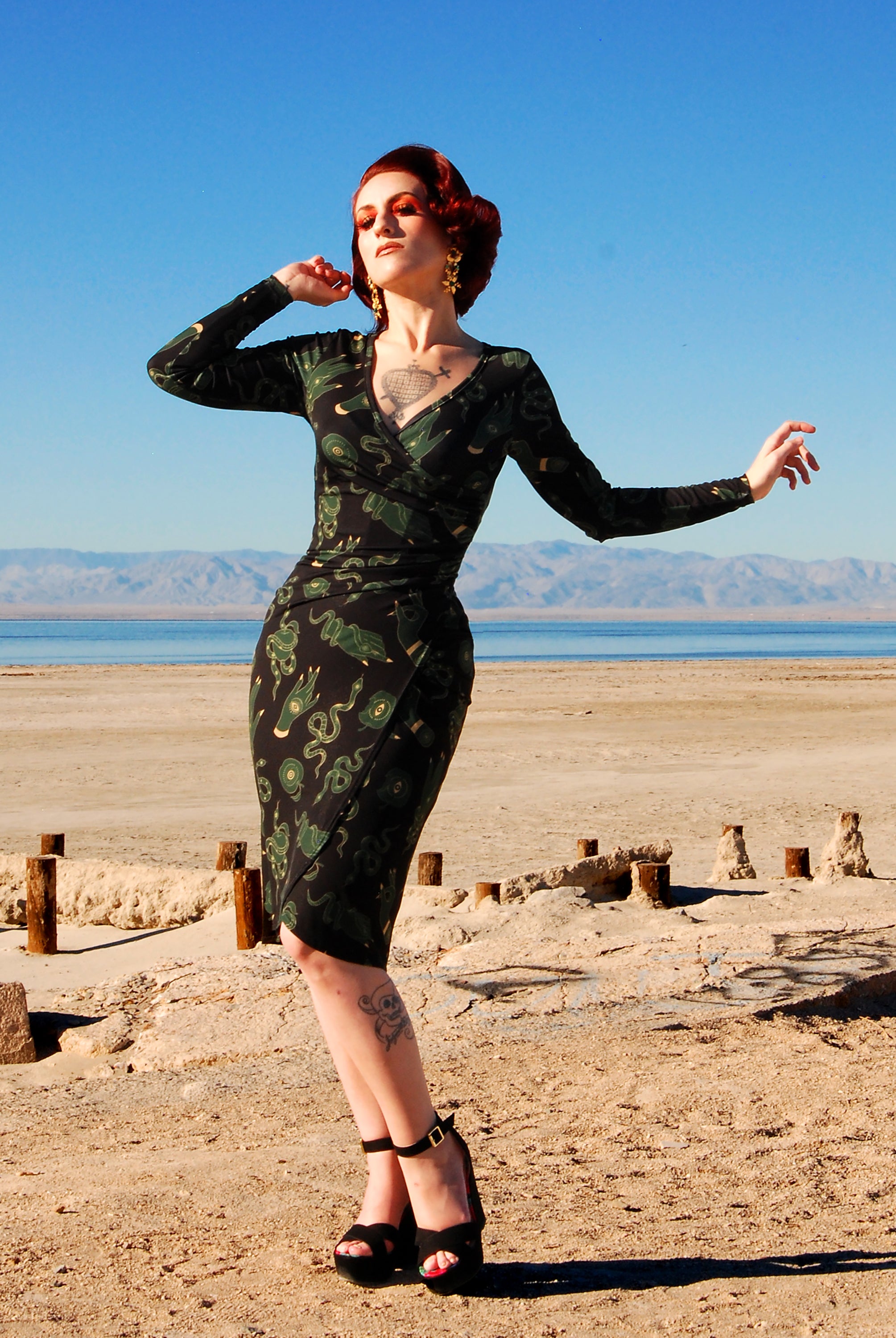 Final Sale Greta Long Sleeved Faux Wrap Wiggle Dress in Garden of Eden Snake Laura Byrnes Hope Johnstun