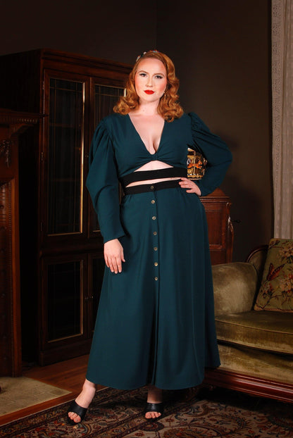 Luna 40s Crop Top in Spruce Green Stretch Crepe with Black Trim | Laura Byrnes Design - pinupgirlclothing.com