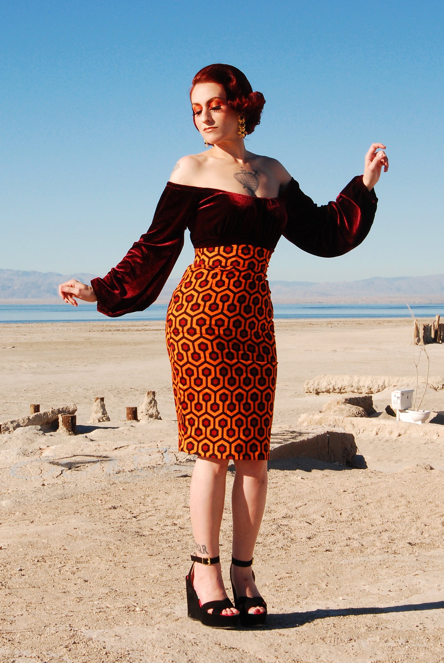Final Sale - Vintage High Waist Pencil Skirt in Hotel Hexagon Sateen | Laura Byrnes Design