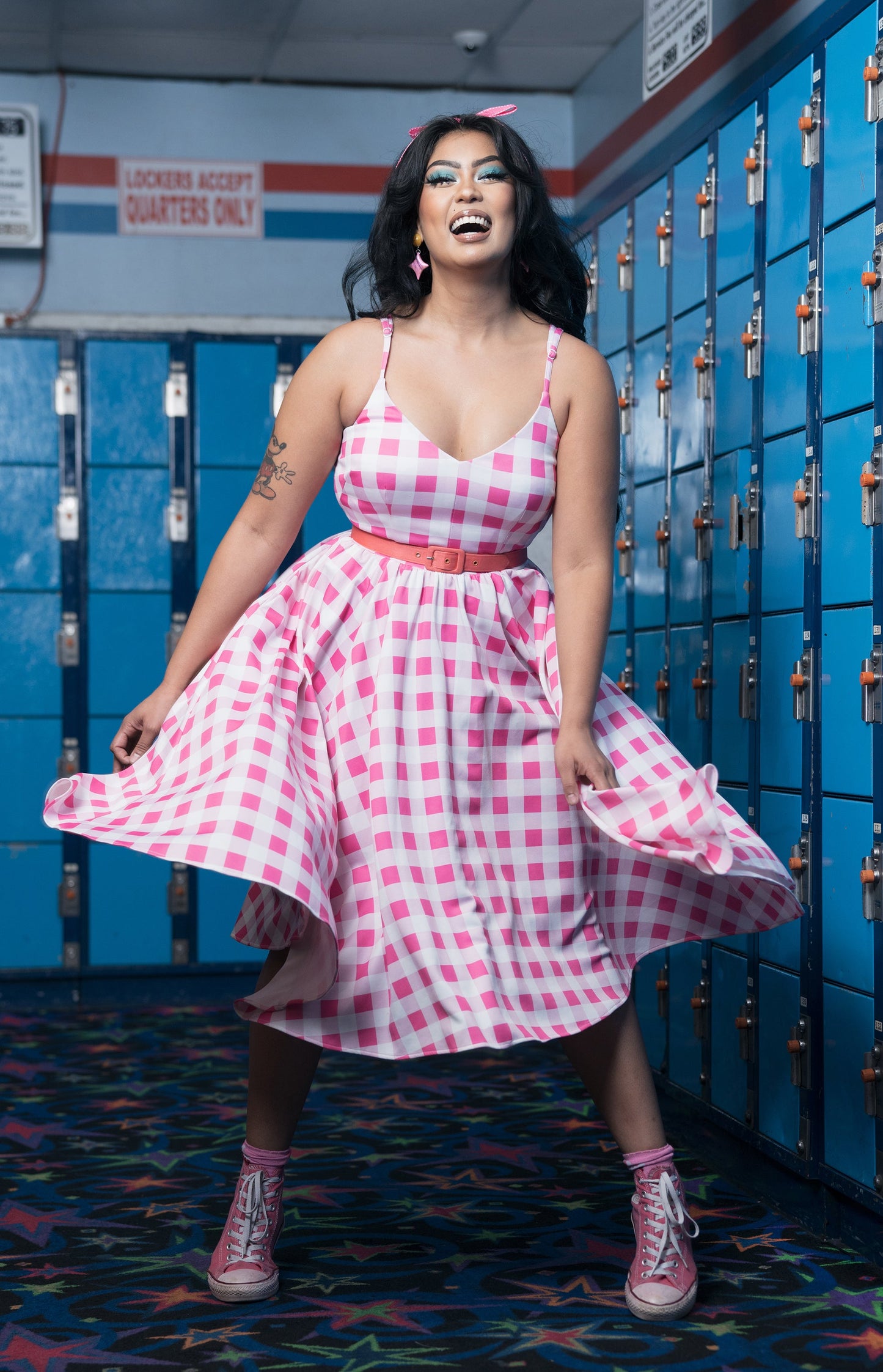 Final Sale - Amalie Ballerina Swing Dress in Pink Gingham Stretch Crepe | Pinup Couture